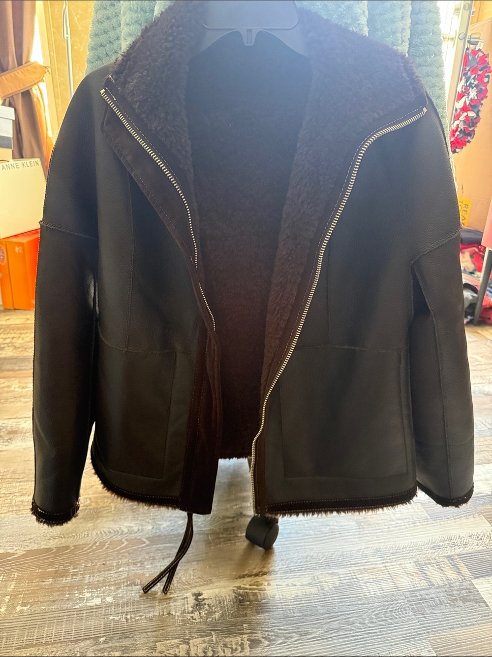 Zara Black Faux-Shearling Zip-Front Leather Jacket